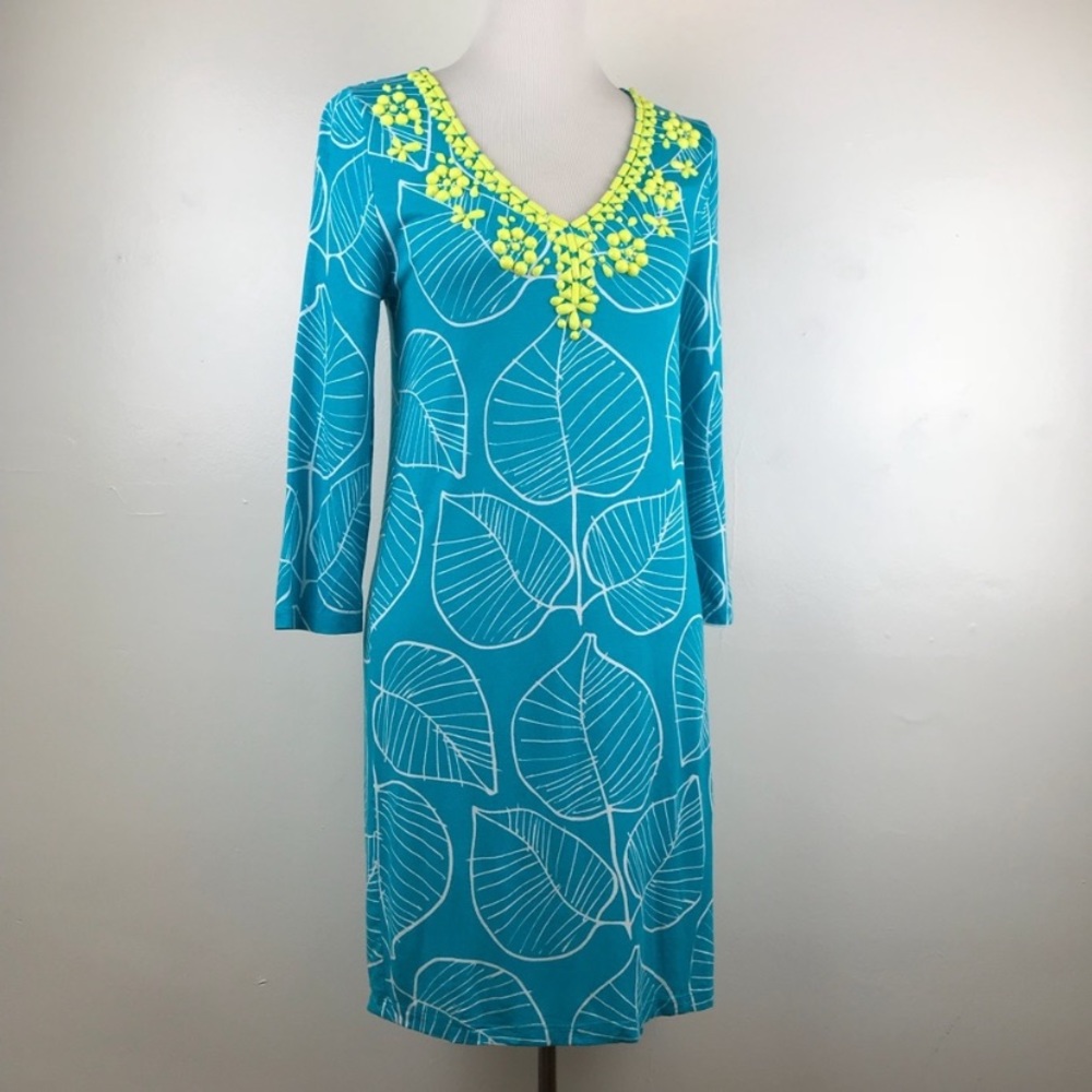 Boden Aqua Shift Dress with Yellow Beading 6R B20